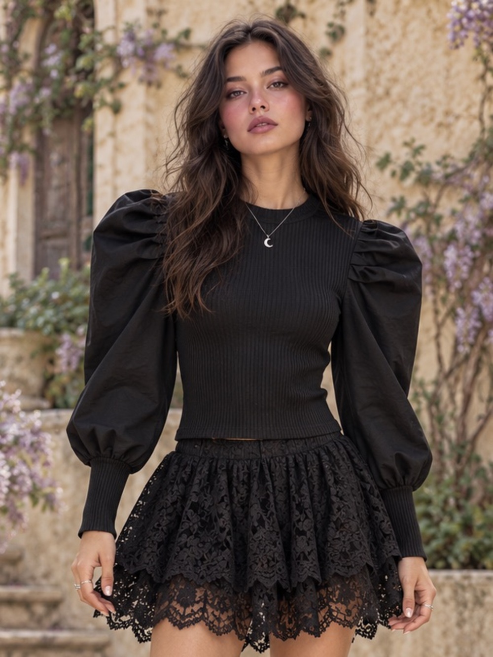 Madlove Black Ribbed Puff Sleeve Cropped Top Whimsigoth